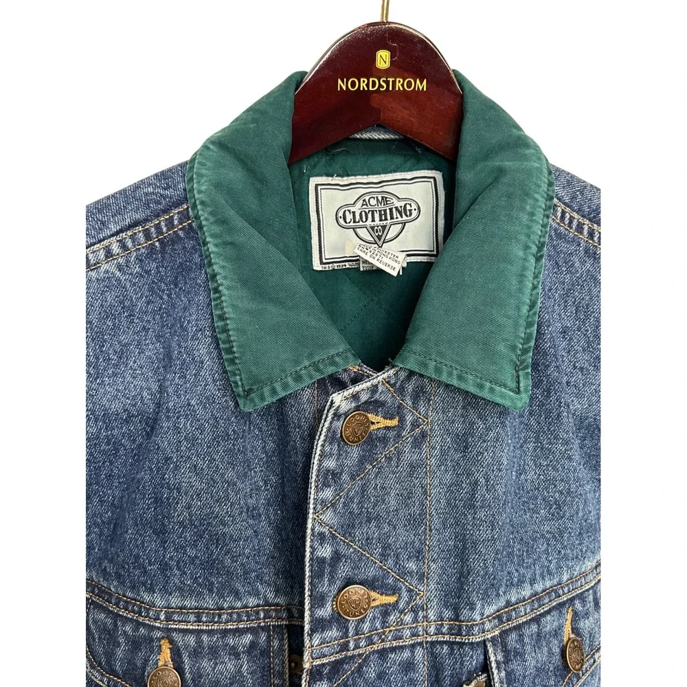 Vintage Denim Jacket Looney‎ Tunes Character Patch Green Sleeve Lined Mens M 90s